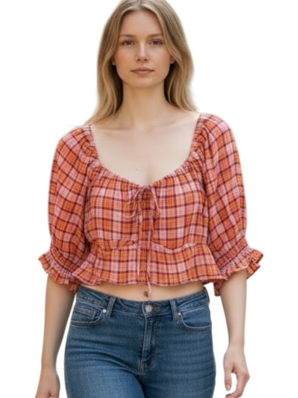 SO Orange and Pink Plaid Peasant Top
